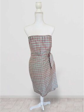 NWT KAY UNGER PETITE 100% SILK PLAID STRAPLESS COCKTAIL DRESS SIZE 8